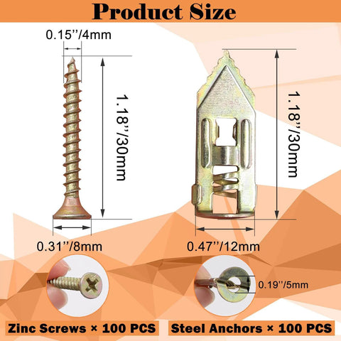 Dimensions of 200 piece self drilling drywall anchors and screws kit with 100 zinc wall anchors and 100 expansion screws rated up to 66 lb