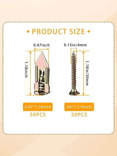 100 pcs self drilling drywall anchors and screws kit with 50 sheetrock anchors and 50 zinc expansion screws size and count