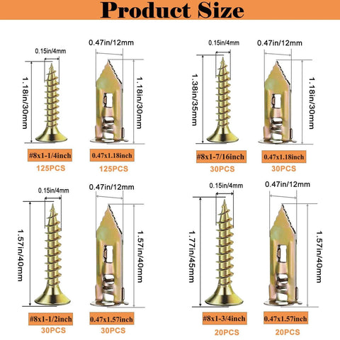 410 pcs self drilling drywall anchors and screws kit with 2 anchor sizes and 4 screw sizes zinc plated steel no drill install