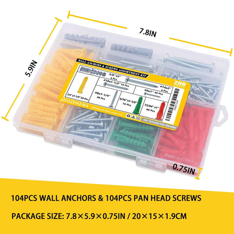 208PCS Drywall Anchors and Screws Assortment Kit in plastic case, showing 4 sizes of wall anchors and matched Phillips pan head screws