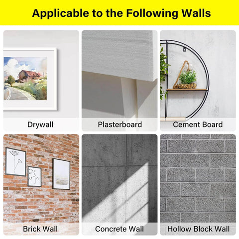 Image showing wall types: drywall, plasterboard, cement board, brick wall, concrete wall, hollow block wall for 140pcs Drywall Anchors and Screws Kit