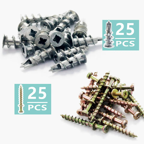 Drywall Anchors And Bear Claw Double-Headed Screws Kit For Hanging Pics, 25 Zinc Anchors, 25 Gold Double-Headed Screws