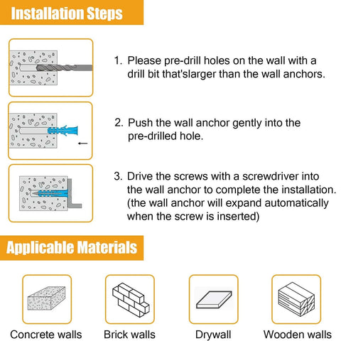 Installation steps for 270 Pcs Drywall Anchors and Screws Assortment Kit with 135 Plastic Expansion Wall Anchors and 135 Phillips Flat Head Wood Screws in 5 Common Sizes.