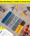 140pcs Drywall Anchors and Screws Kit (3 Sizes) with tools on a wooden table