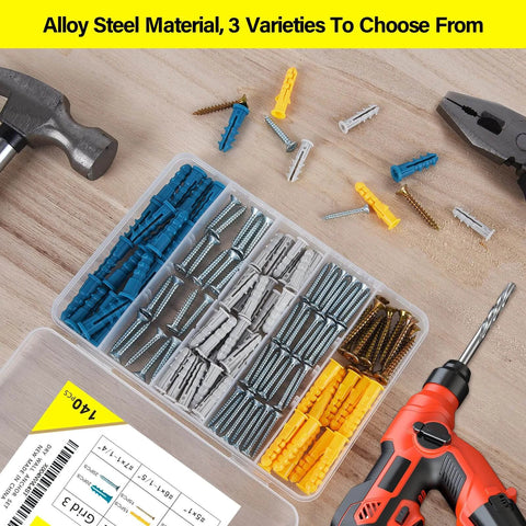 140pcs Drywall Anchors and Screws Kit (3 Sizes) with tools on a wooden table