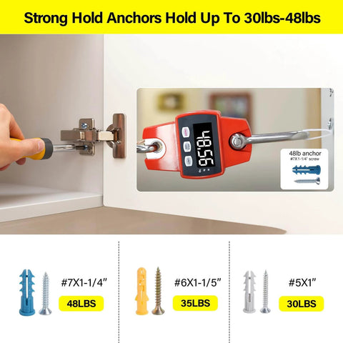140pcs Drywall Anchors and Screws Kit showing weight capacity with scale, includes #7, #6, #5 sizes for drywall, sheetrock use.