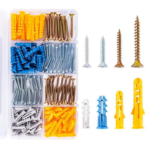 Wall Anchors Kit for Hanging Wall Art Decor with 80 screws and 80 plugs, shown in a compartmentalized organizer, displayed with various colors.