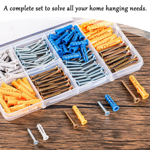 Wall Anchors Kit for Hanging Wall Art Decor, 160Pcs Drywall Anchors Assortment Kit with screws and plugs in a plastic organizer box