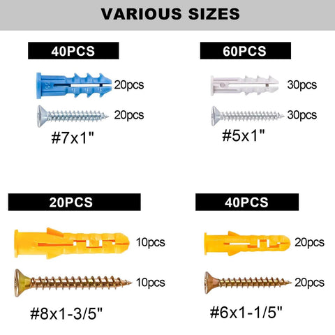 Various sizes of wall anchors and screws showing 160Pcs Drywall Anchors Assortment Kit for Wall Art Decor with specific measurements.