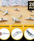 28PCS Toggle Bolts, Wing Nuts, Heavy Duty Hollow Wall Anchors for Drywall Ceiling, 3 Sizes Butterfly Anchors close-up view