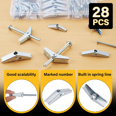 28PCS Toggle Bolts, Wing Nuts, Heavy Duty Hollow Wall Anchors for Drywall Ceiling, 3 Sizes Butterfly Anchors close-up view