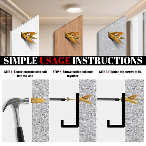Three-step guide using 200 Pcs Self Drilling Drywall Anchors with Screws Kit for sturdy wall mounting without drilling or holes.