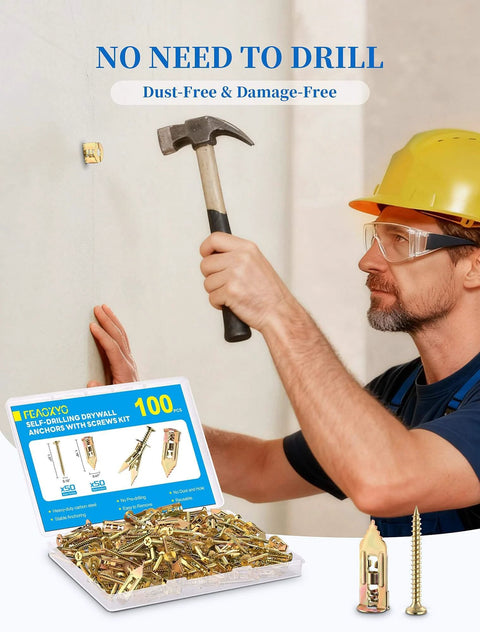 Worker using 100 pcs self drilling drywall anchors and screws kit made from zinc plated steel holding up to 66 lb on wall