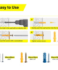 Installation guide for 140pcs Drywall Anchors and Screws Kit (3 Sizes) with product lineup shown below in assorted colors and sizes.