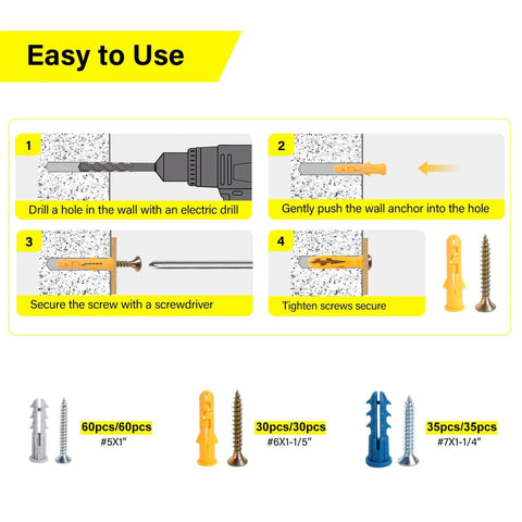 Installation guide for 140pcs Drywall Anchors and Screws Kit (3 Sizes) with product lineup shown below in assorted colors and sizes.