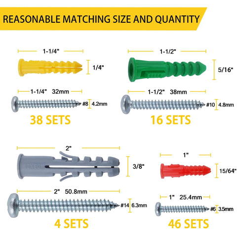 208PCS Drywall Anchors and Screws Assortment Kit showing 4 sizes of plastic anchors and Phillips pan head screws with matching sets