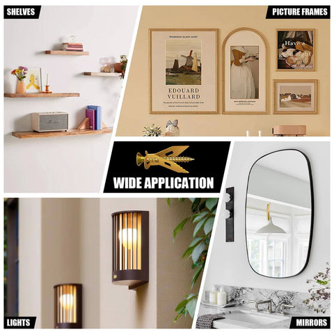 Collage showing shelves, picture frames, lights, and mirrors installed using 200 Pcs Self Drilling Drywall Anchors with Screws Kit.