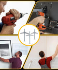 Using 28PCS Toggle Bolts, Wing Nuts, Heavy Duty Hollow Wall Anchors in various installations like shelves and heavy fixtures, showing 3 sizes.