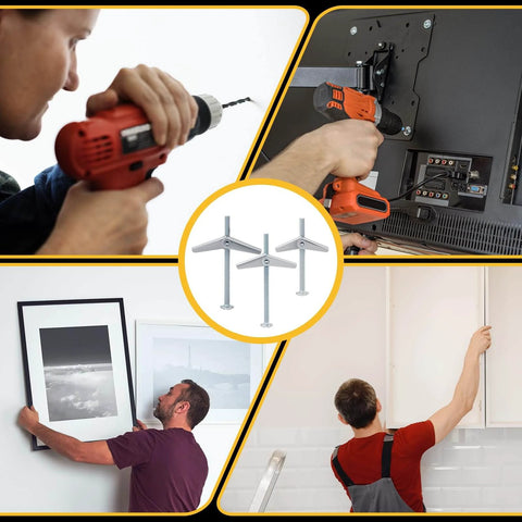 Using 28PCS Toggle Bolts, Wing Nuts, Heavy Duty Hollow Wall Anchors in various installations like shelves and heavy fixtures, showing 3 sizes.