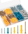 270 Pcs Drywall Anchors and Screws Assortment Kit with 135 Plastic Expansion Wall Anchors and 135 Phillips Flat Head Wood Screws in 5 Common Sizes, displayed in organizer.