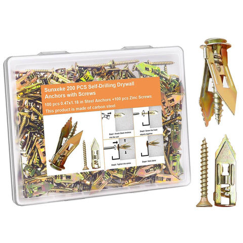 200 piece self drilling drywall anchors and screws kit with 100 zinc wall anchors and 100 expansion screws rated up to 66 lb