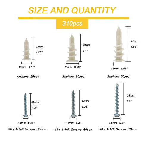 3 Sizes Self Drilling Drywall Anchors, 310PCS display with nylon anchors and zinc screws, sizes 13x32mm, 15x33mm, 13x42mm.