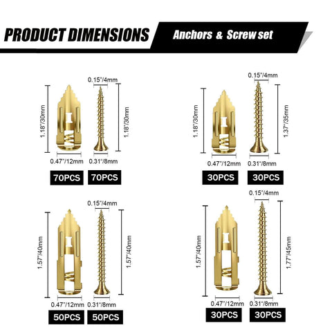 Size chart for 360pcs Self Drilling Drywall Anchors and Screws Kit with 4 Sizes, Heavy Duty Zinc Plated Anchors, Holds Up to 80 lbs.