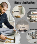 Man using 360pcs Self Drilling Drywall Anchors and Screws Kit with 4 Sizes, fixing various household items like hooks and picture frames.