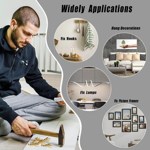 Man using 360pcs Self Drilling Drywall Anchors and Screws Kit with 4 Sizes, fixing various household items like hooks and picture frames.