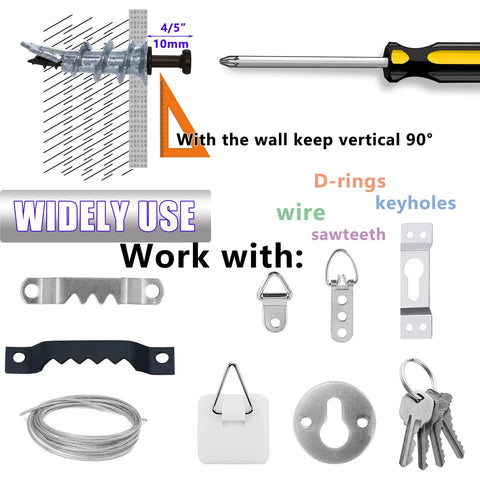 Diagram showing Drywall Anchors And Bear Claw Double-Headed Screws Kit for D-rings, sawtooth, keyholes, and wire installation