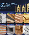 160 pcs self drilling drywall anchors and screws kit for various wall types, highlighting compatible and incompatible surfaces.