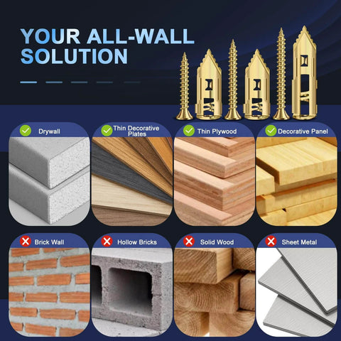 160 pcs self drilling drywall anchors and screws kit for various wall types, highlighting compatible and incompatible surfaces.
