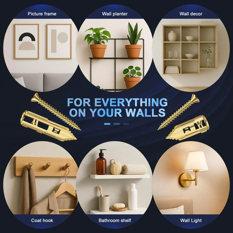 160 pcs self drilling drywall anchors and screws kit with 3 anchor sizes, shown with various wall mount uses like shelves and frames.