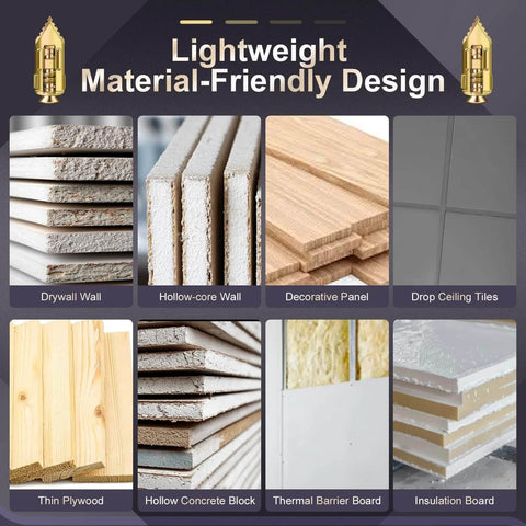Lightweight materials display with drywall, hollow-core wall, decorative panel, drop ceiling tiles, plywood, concrete block, thermal barrier, insulation board.