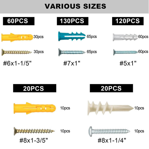350 Pcs Drywall Anchors Assortment Kit for Sheetrock Concrete and Brick Including 175 Plastic Wall Anchors and 175 Flat Head Phillips Screws in 5 Common Sizes for Picture Hanging Wall Art and Home Decor - Various sizes and types displayed.