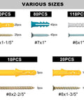 270 Pcs Drywall Anchors and Screws Assortment Kit with 135 Plastic Expansion Wall Anchors and 135 Phillips Flat Head Wood Screws in 5 Common Sizes displayed.