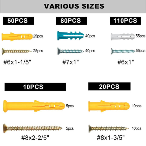 270 Pcs Drywall Anchors and Screws Assortment Kit with 135 Plastic Expansion Wall Anchors and 135 Phillips Flat Head Wood Screws in 5 Common Sizes displayed.
