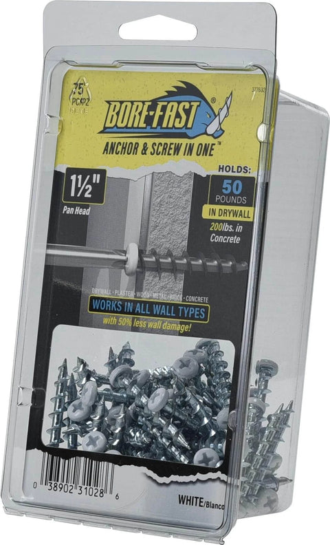 Drywall Anchors White 75 Pack with 1 1/2 Inch Pan Head Screws, Holds 50 lbs in Drywall and 200 lbs in Concrete in package