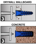 Illustration of Plastic Drywall Anchors and Screws Kit 400 Piece Set with Ribbed Anchors and Carbon Steel Screws for Strong Easy Install on Drywall and Plaster Walls Perfect for Shelves Mirrors Televisions and Other Home DIY Mounts showing installation on drywall and concrete