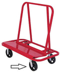 Red drywall dolly with Drywall Dolly Replacement Rubber Wheel Casters - 2,400 Lbs Capacity, 8x2 inch rubber wheels visible.