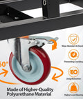 Close-up of folding drywall dolly with 5 inch swivel caster, highlighting polyurethane material and durability features.