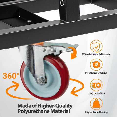 Close-up of folding drywall dolly with 5 inch swivel caster, highlighting polyurethane material and durability features.