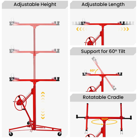 ✝️ Drywall Lift 11 ft Sheetrock Lift Drywall Hoist for Ceiling 360° Adjustable Drywall Lifter Foldable Sheetrock Jack 150lbs Heavy Duty diagram