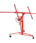 Red Drywall Lift 11' Drywall Panel Hoist with rolling caster wheels and lockable tool jack lifter for construction.