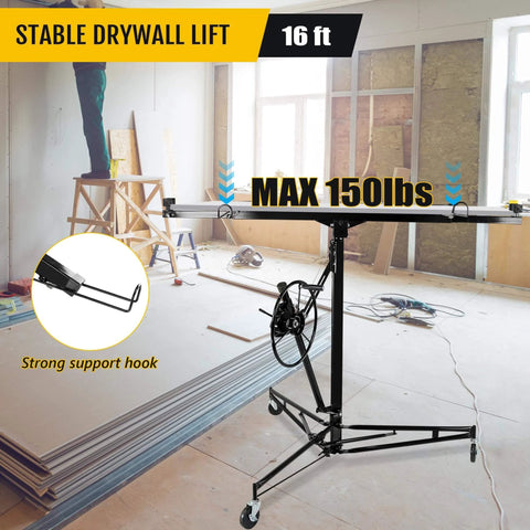 Drywall Lift 16FT, 150lb Capacity Heavy Duty Sheetrock Hoist w/Telescopic Arm & Locking Wheels displayed in a construction room