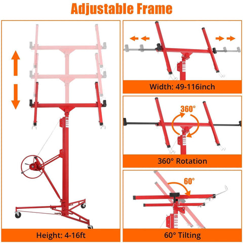 Diagram of ✝️ 16 Ft. Drywall Lift, Drywall Rolling Lifter Panel, showing adjustable frame, telescopic arm, and rotation features.