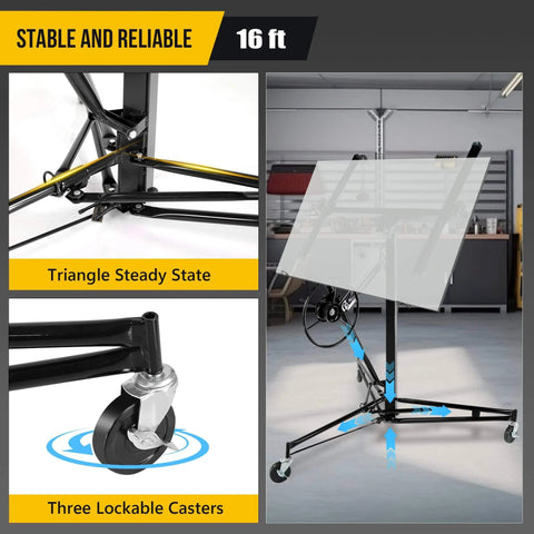 ✝️ Drywall Lift 16FT, 150lb Capacity Heavy Duty Sheetrock Hoist w/Telescopic Arm & Locking Wheels, Steel Panel for Construction