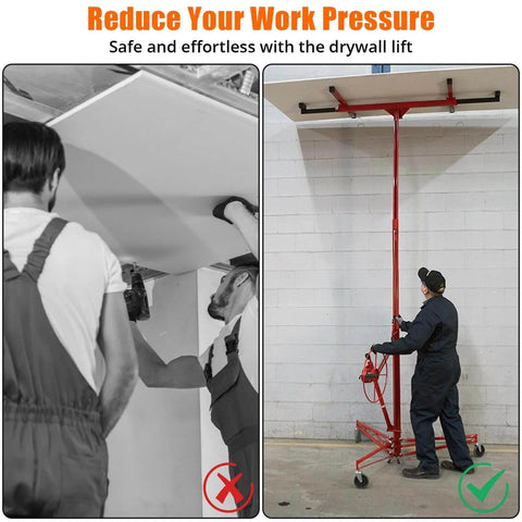 Worker using ✝️ 16 Ft. Drywall Lift, Drywall Rolling Lifter Panel, 150LBS Heavy Duty Sheetrock Lift, Drywall Lift Panel Hoist Jack