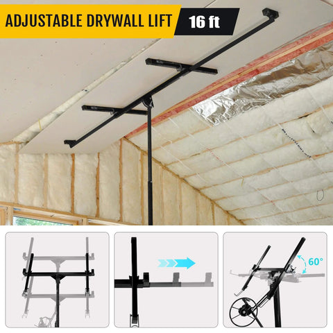 ✝️ Drywall Lift 16FT, 150lb Capacity Heavy Duty Sheetrock Hoist w/Telescopic Arm & Locking Wheels, Steel Panel Lifter for Ceiling