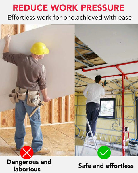 Comparison of drywall installation: Manual lifting versus using ✝️ 16 ft Drywall Lift, Sheetrock Lift with 360° adjustable arm.